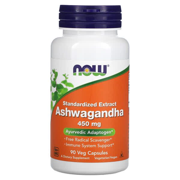 now foods, ashwagandha, extrait standardise, 450 mg, 90 capsules vegetariennes