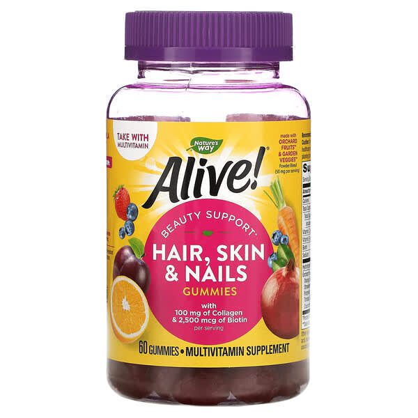 nature's way, vivant! cheveux, peau et ongles avec collagene et biotine, cheveux, peau et ongles, collagene et biotine, fraise, 60 gommes