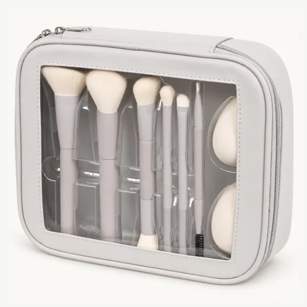 set pinceaux maquillage 8 pieces avec eponges et pochette action