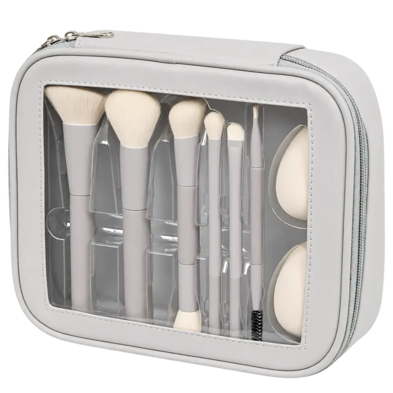 set pinceaux maquillage 8 pieces avec eponges et pochette action