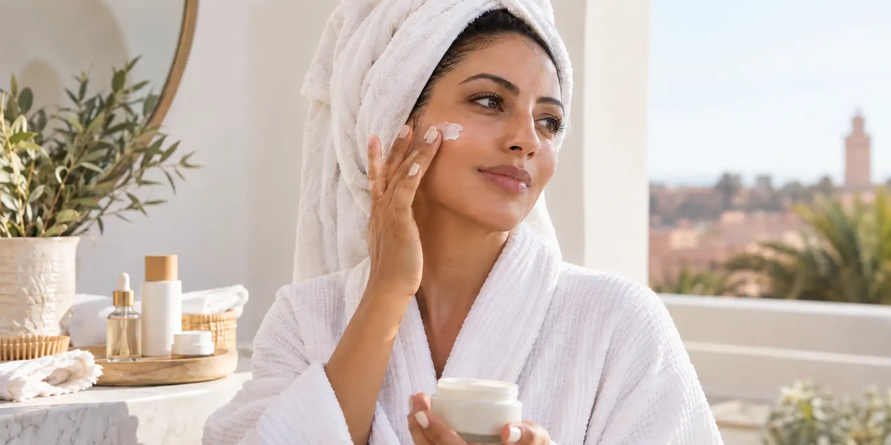 femme appliquant une creme hydratante dans sa routine visage apres l’ete au maroc