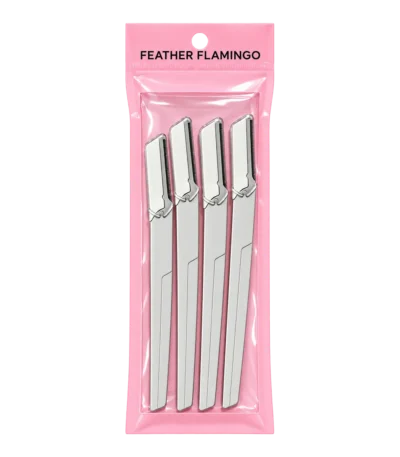 feather flamingo lot de 4 rasoirs a sourcils dans leur sachet rose