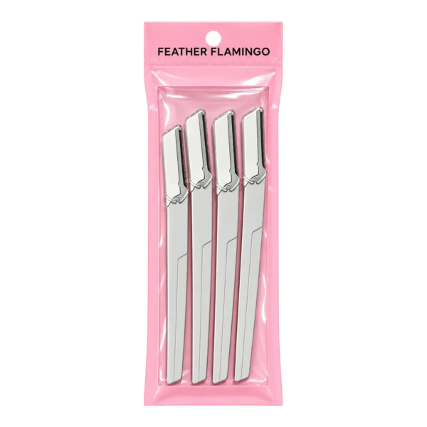 feather flamingo lot de 4 rasoirs a sourcils dans leur sachet rose