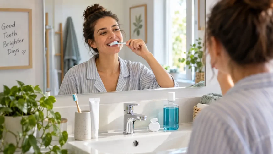 femme se brossant les dents dans sa salle de bain pour sa routine d’hygiene dentaire