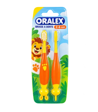 oralex brosse a dents 2-6 ans – blister jungle avec lion, manche orange et jaune