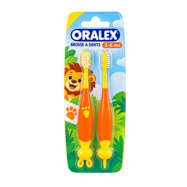 oralex brosse a dents 2-6 ans – blister jungle avec lion, manche orange et jaune